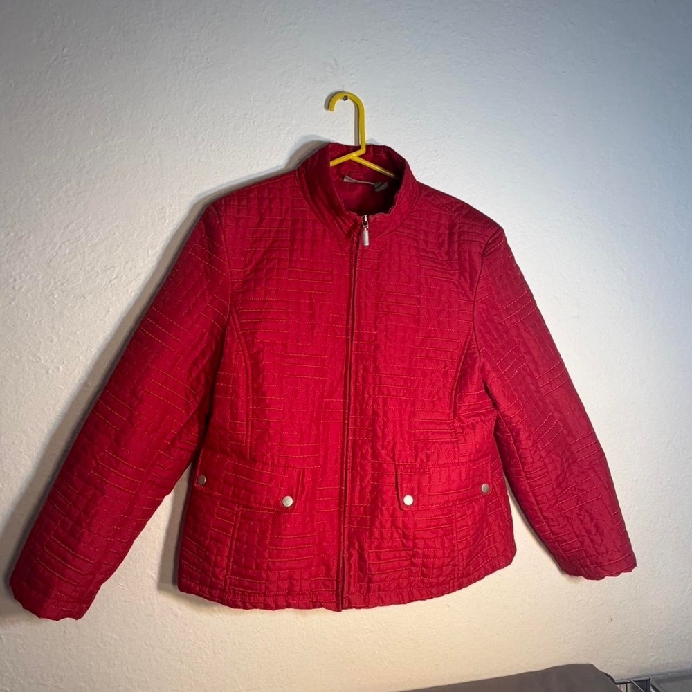 Ashley and June Red quilted jacket with silver buttons and zipper. Size L